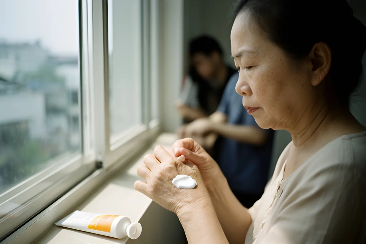 Một phụ nữ trung niên đứng cạnh cửa sổ ban ngày, nhìn vệt kem trắng trên mu bàn tay, bên cạnh có tuýp kem mở nắp