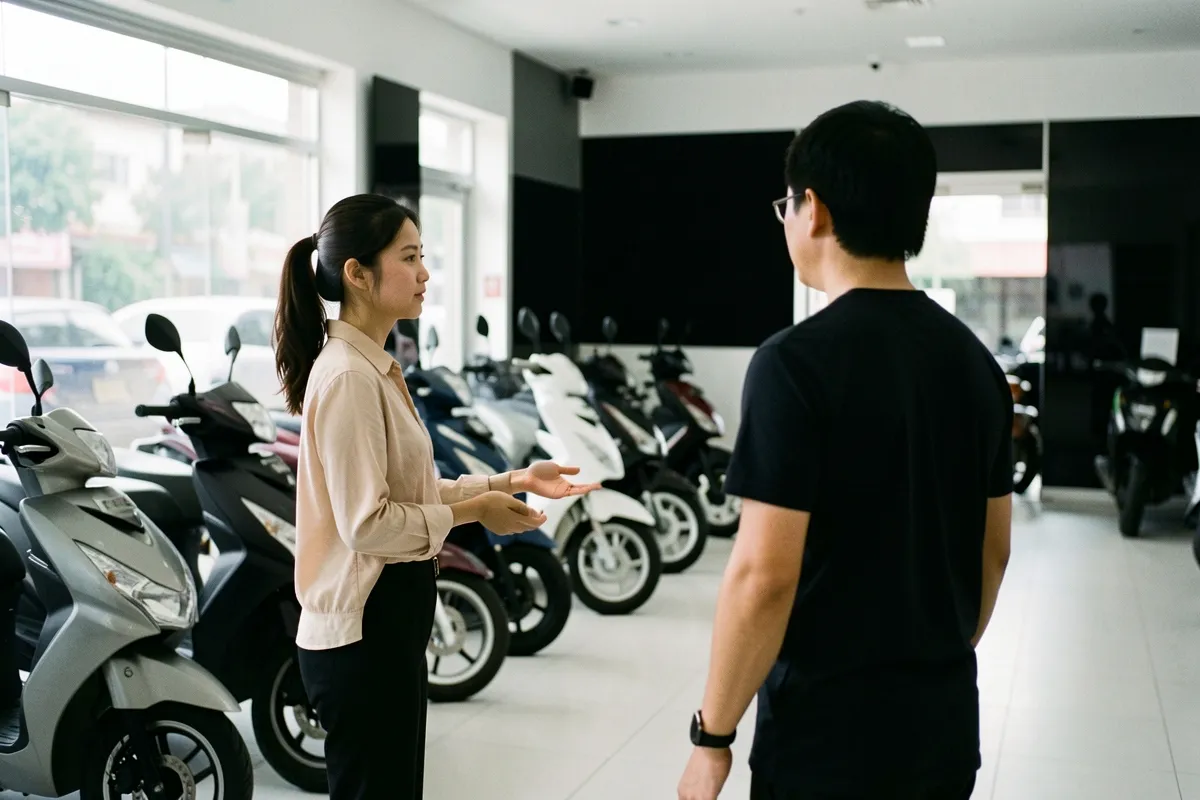 Một nữ nhân viên đang giảng giải cho một nam khách đứng quay lưng, giữa phòng trưng bày nhiều xe tay ga sáng bóng