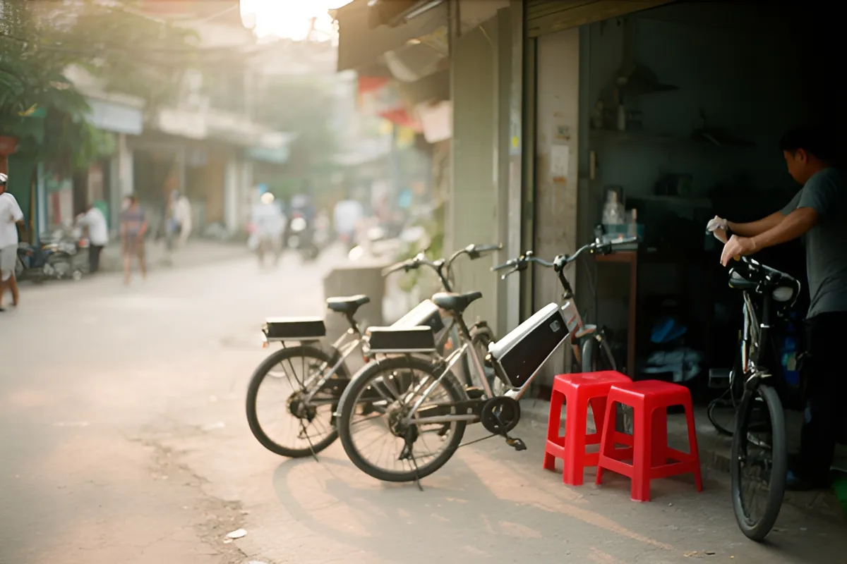 Một người đàn ông đứng trong bóng tối lề đường lau xe đạp điện, ba chiếc xe đậu cạnh hai ghế nhựa đỏ, phố vắng chiều muộn