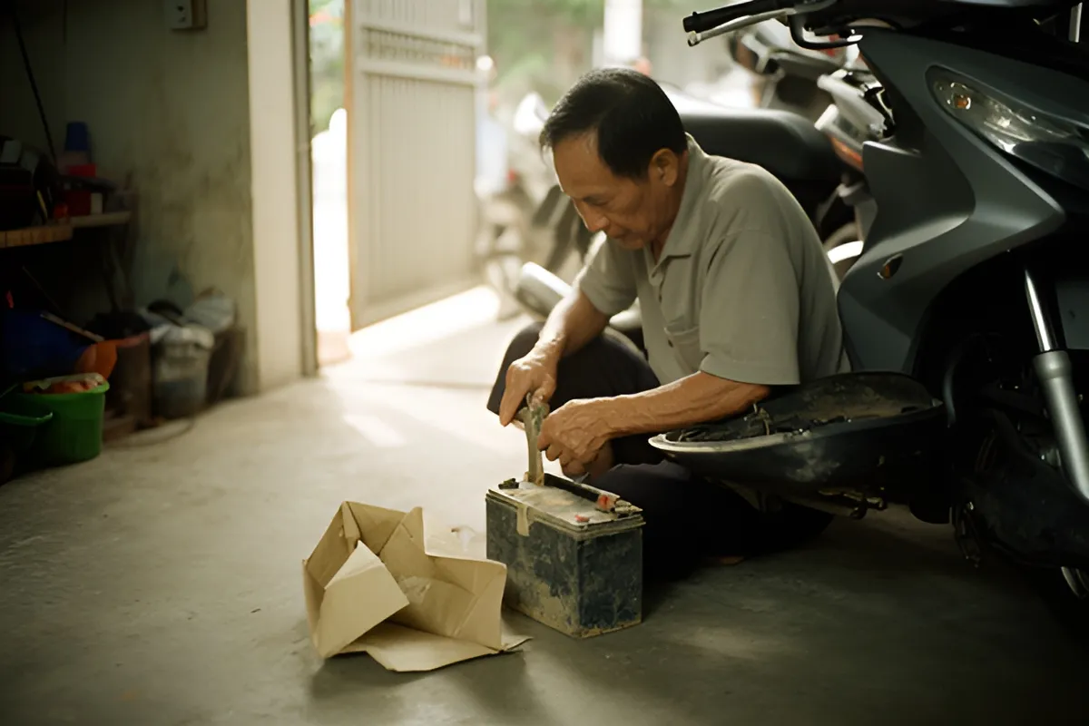 Một người trung niên ngồi xổm trong góc nhà, dùng dụng cụ nới lỏng một khối pin cũ đặt trên sàn