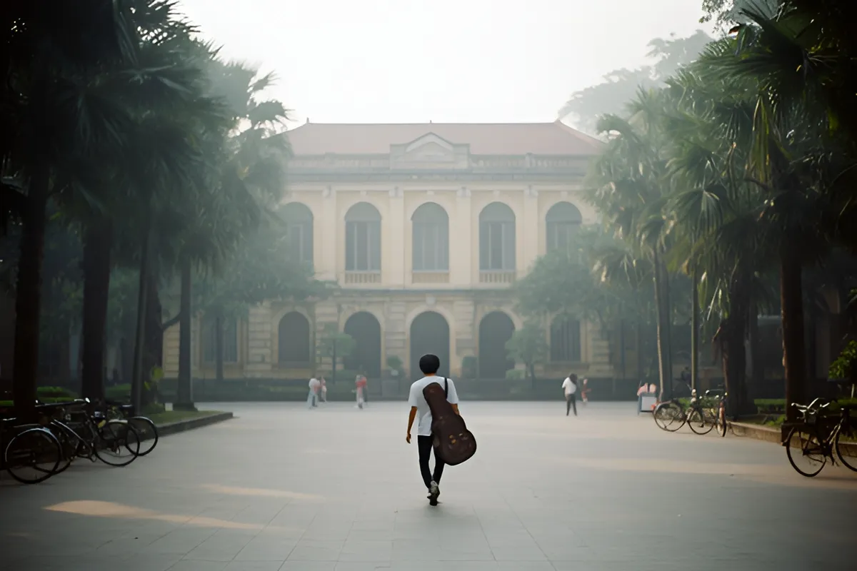 Một người đi bộ giữa sân rộng rợp cây, trên lưng đựng hộp đàn, hai bên có xe đạp đậu