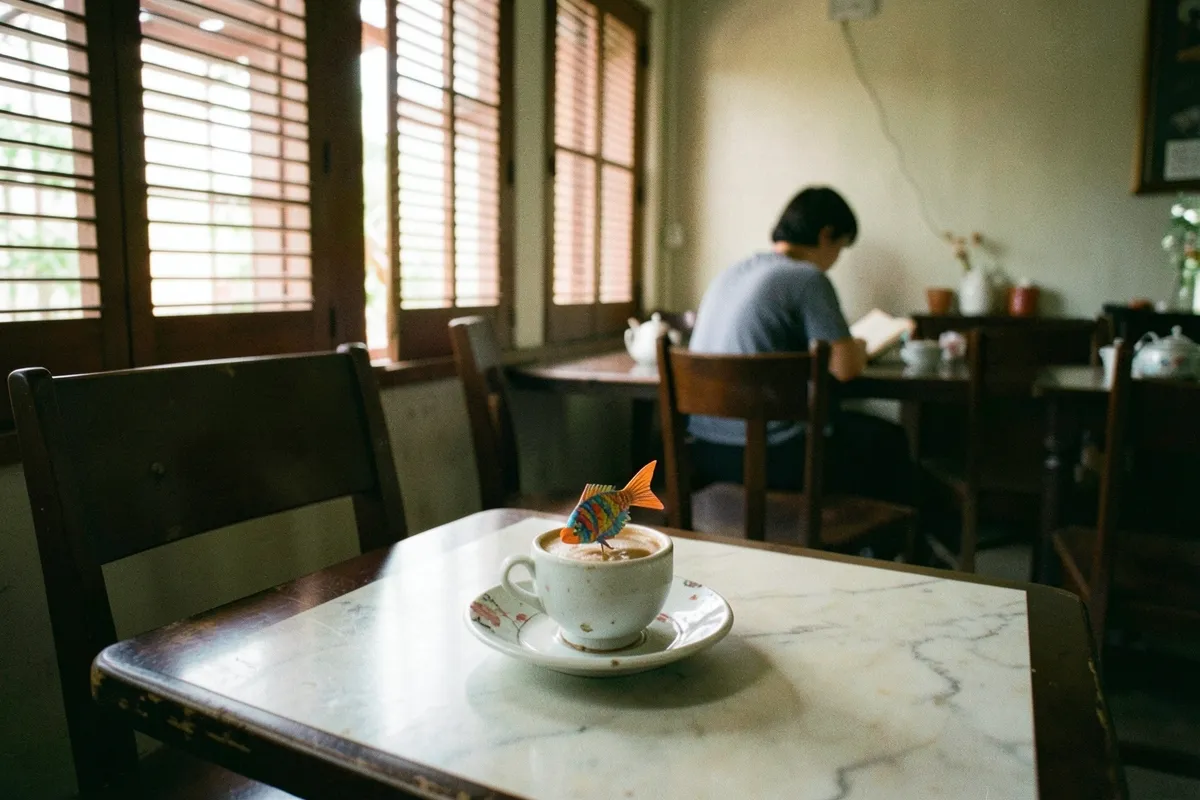 Một người ngồi quay lưng đọc sách, phía trước là tách cà phê có con cá giấy màu trên bàn đá, ánh sáng lọt qua cửa chớp