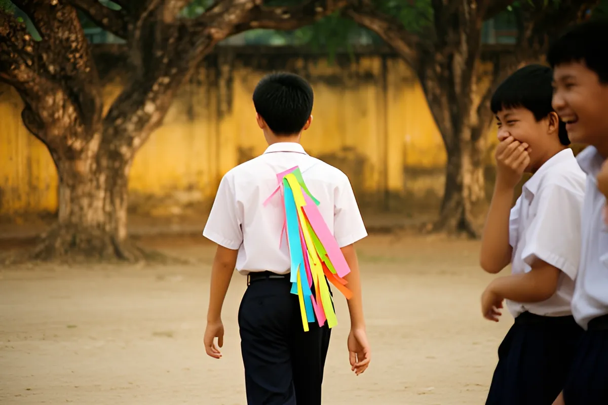 Một nam sinh áo trắng đi trên sân đất, sau lưng dán dải giấy nhiều màu, hai bạn khác đứng bên phải che miệng cười