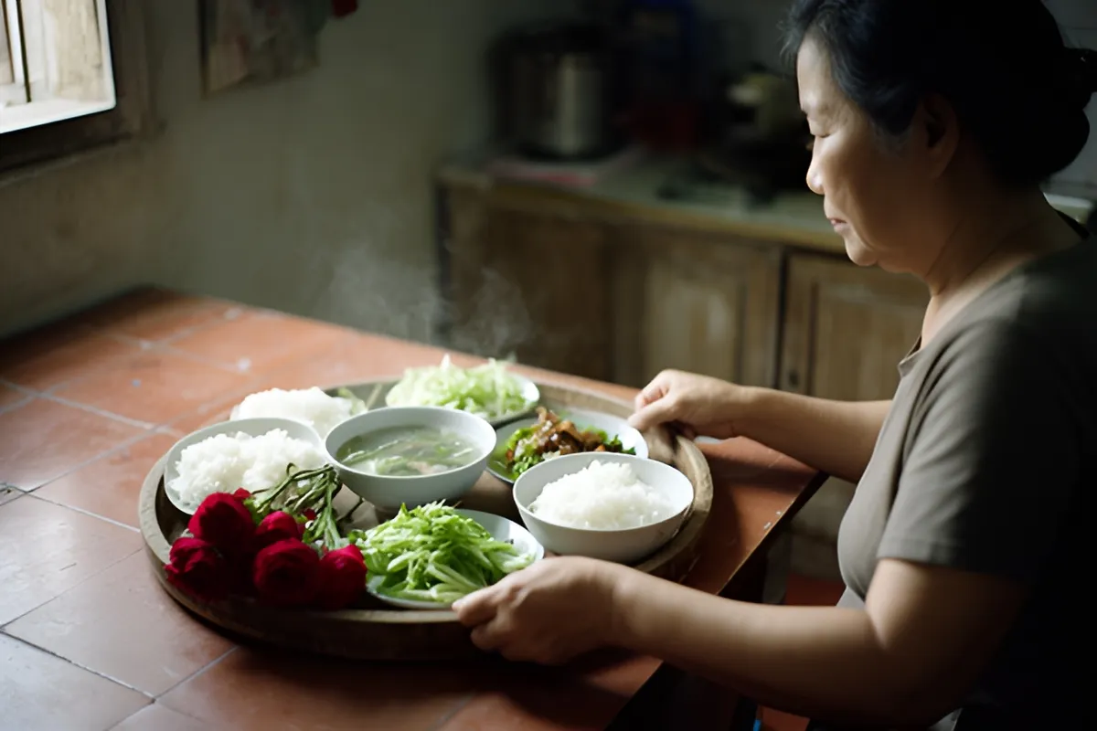 Một phụ nữ trung niên ngồi bên mâm cơm tròn với cơm, canh, rau và vài bông hồng đỏ, trong bếp gia đình chiều muộn
