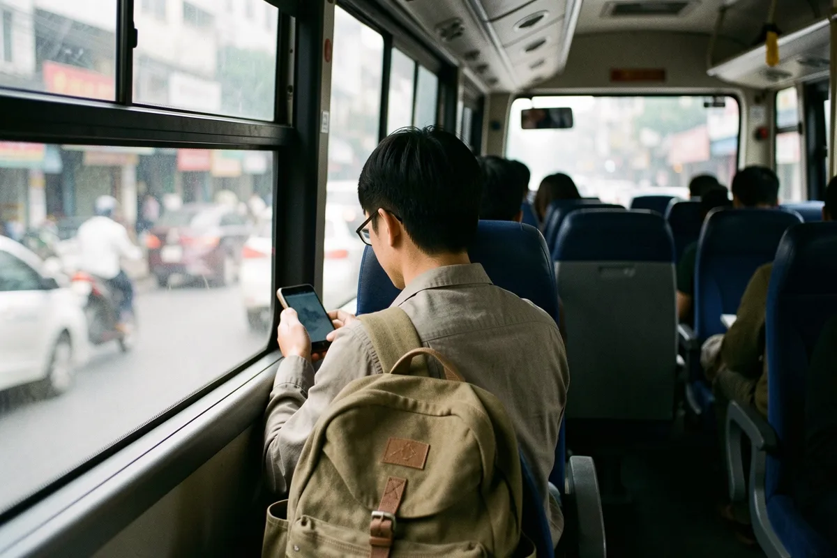 Một người trẻ ngồi quay lưng bên cửa sổ xe buýt, tay cầm điện thoại, ba lô vải trên đùi, ánh sáng sớm chiếu qua kính