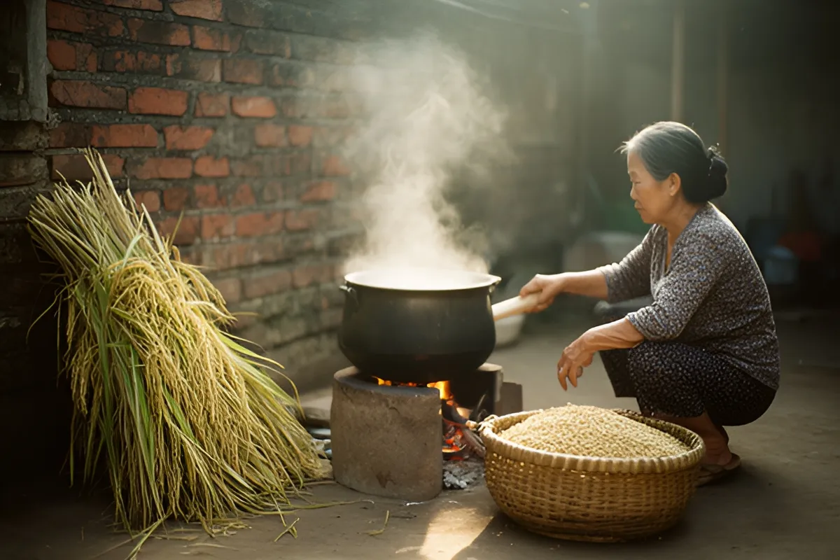 Một bà cụ tuổi trung niên ngồi xổm cạnh bếp lửa, tay cầm dụng cụ gỗ hướng về nồi lớn đang bốc khói