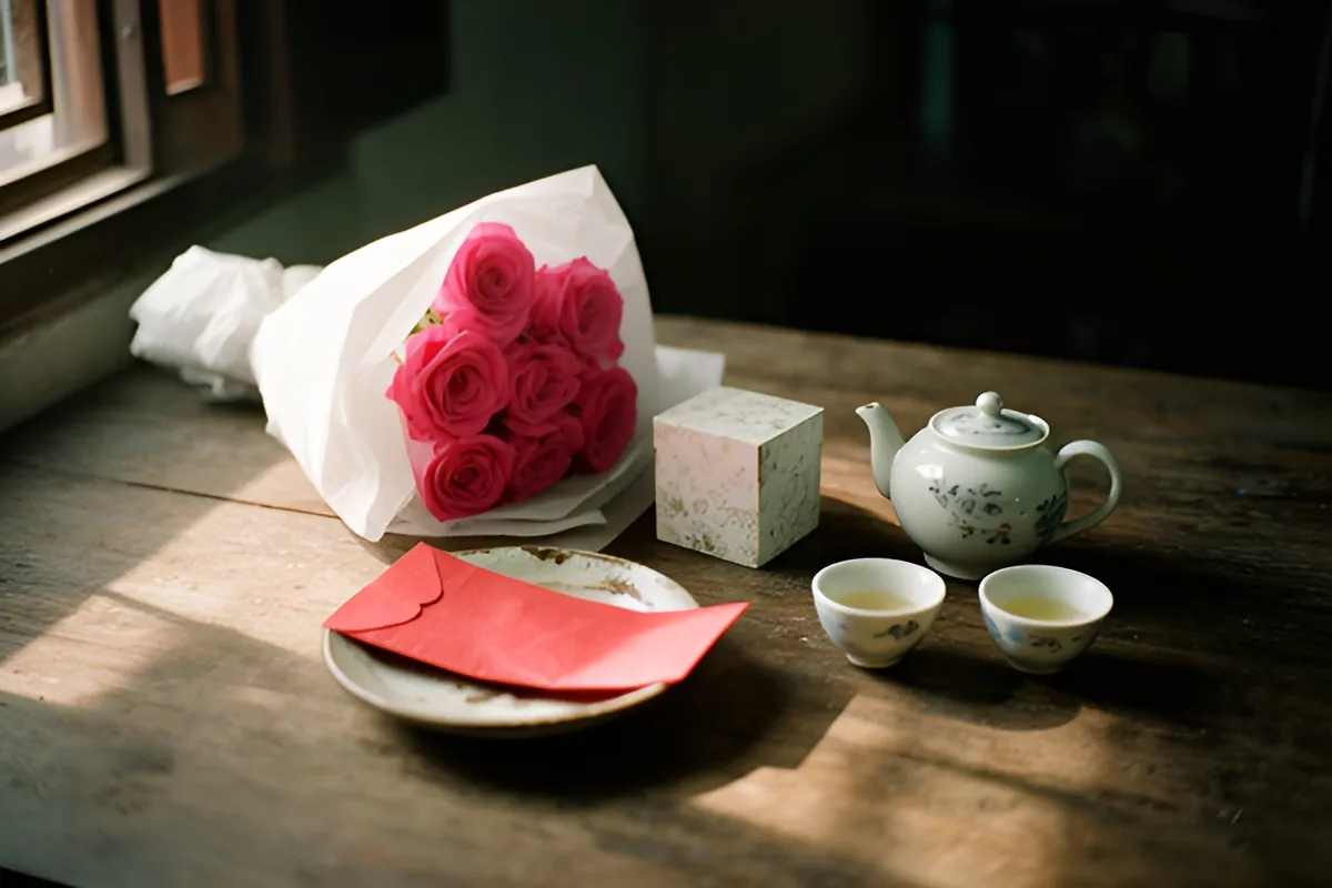 Trên bàn gỗ có bó hồng hồng gói giấy trắng, hộp quà nhỏ, bao đỏ đặt trên đĩa sứ, bên cạnh ấm trà và hai chén trà