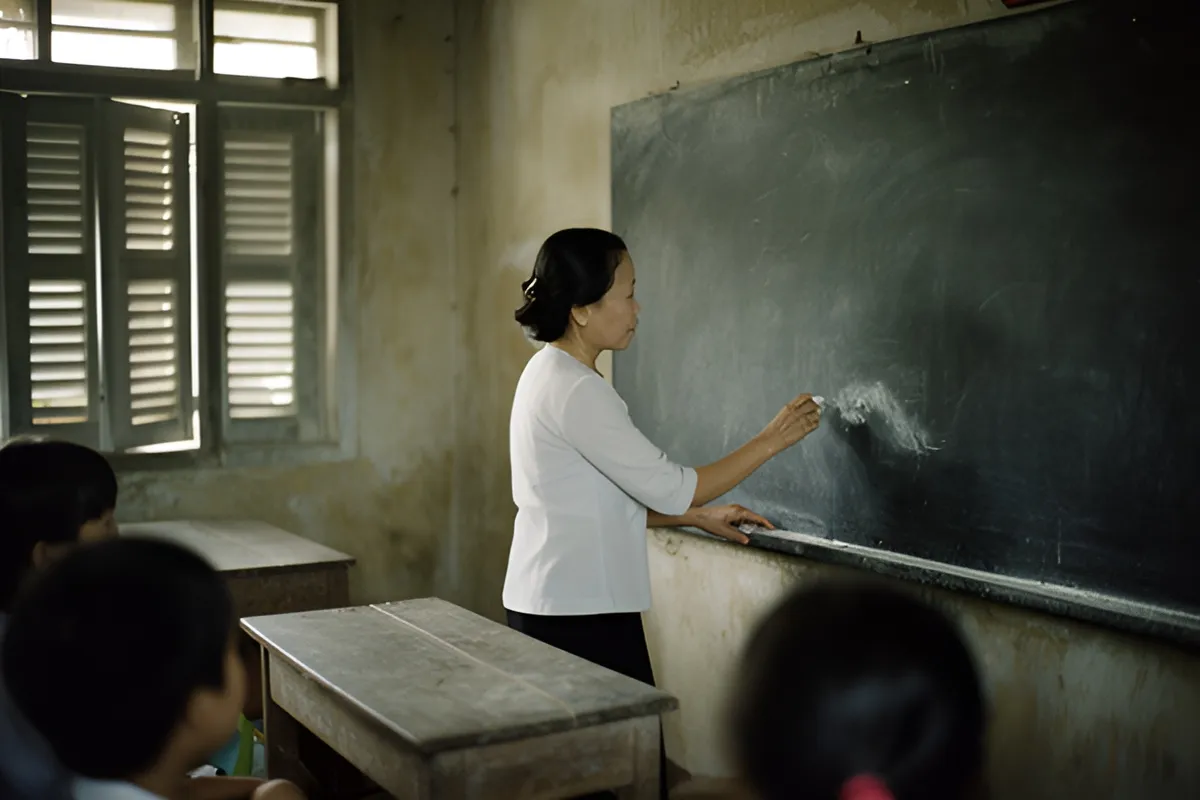 Một phụ nữ mặc áo trắng đứng viết phấn lên bảng đen trong lớp học có bàn gỗ và vài học sinh ngồi quay lưng