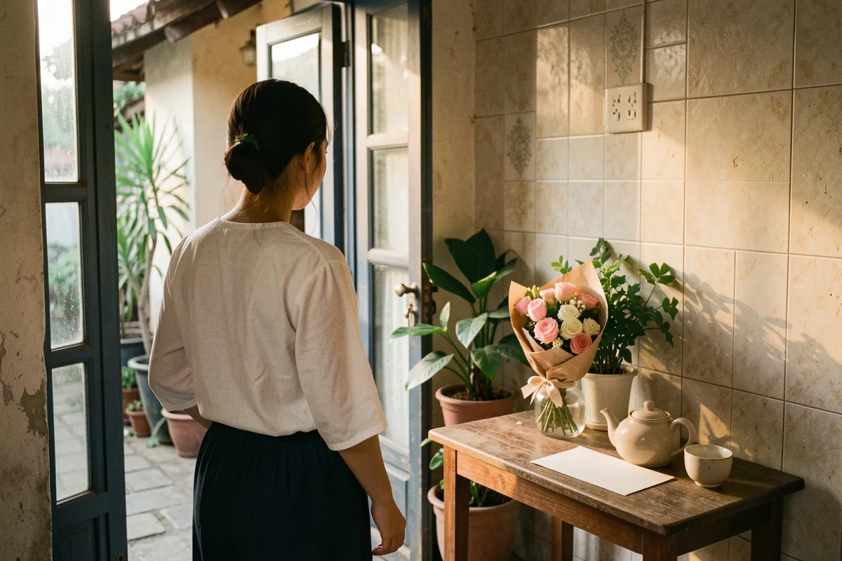 Một phụ nữ tóc búi đứng quay lưng trước cửa mở, cạnh bàn gỗ có hoa bó giấy, ấm trà, một chiếc cốc và tấm thiệp trắng