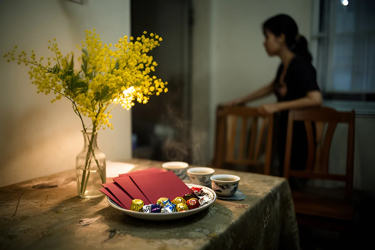 Một phụ nữ đứng xếp ghế sau bàn ăn, trên bàn có bình hoa vàng, đĩa phong bao đỏ, kẹo và chén trà dưới ánh đèn ấm