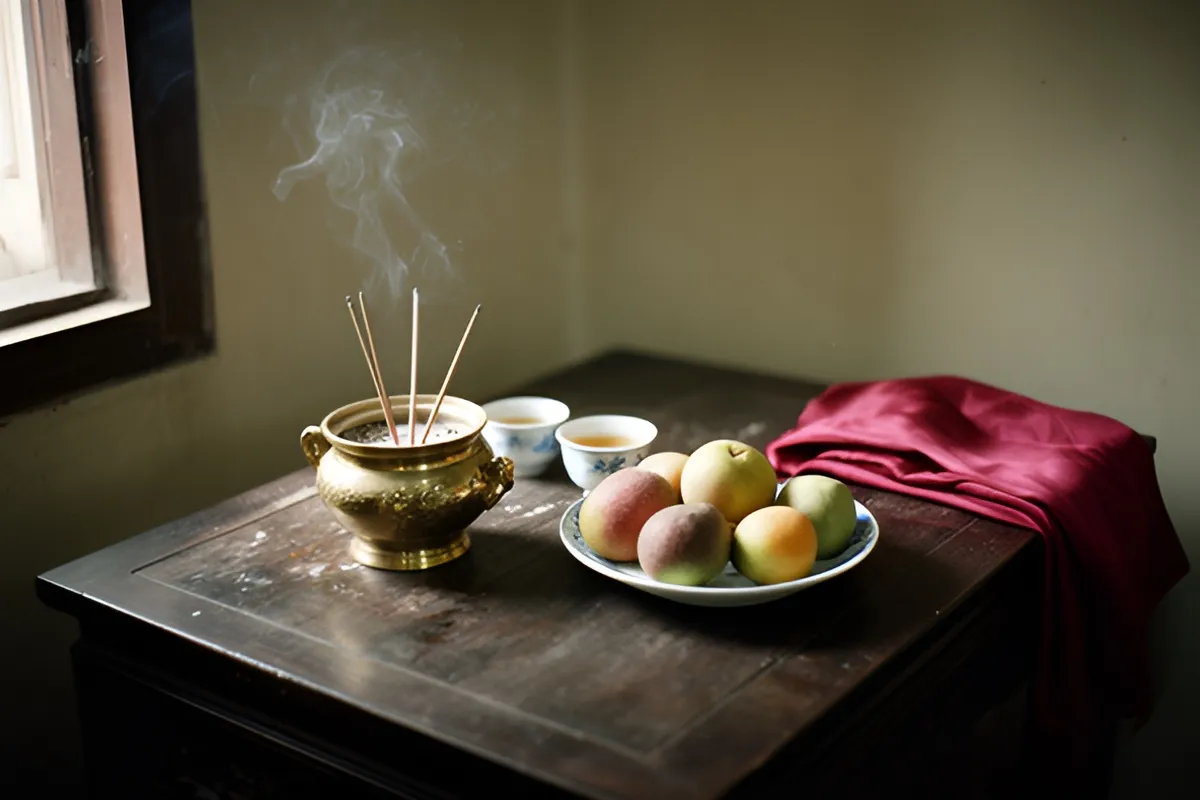 Góc bàn thờ gỗ tối với bát nhang đồng đang tỏa khói, hai chén trà nhỏ, đĩa trái cây và tấm vải đỏ gấp bên cạnh