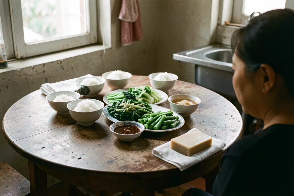 Một người phụ nữ ngồi quay lưng bên bàn tròn gỗ bày nhiều bát cơm, đĩa rau luộc và bát nước chấm, ánh chiều chiếu qua cửa sổ