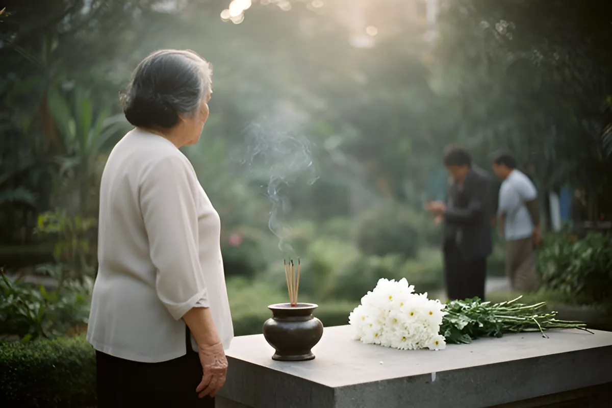 Một bà cụ tóc bạc đứng nghiêng trước bàn đá, trên có lọ hương đang khói và bó hoa trắng