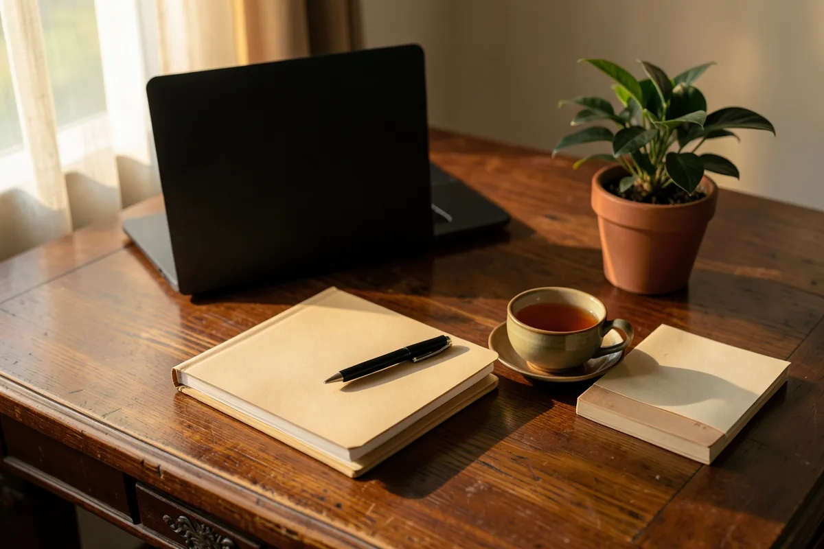 Bàn gỗ đặt laptop đóng nắp, chồng sổ với cây bút, tách trà, chậu cây nhỏ và cuốn sổ nằm úp, ánh sáng ấm từ cửa sổ bên trái