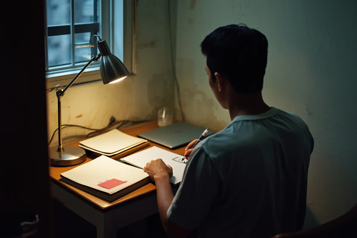 Một người đàn ông ngồi quay lưng, cầm bút viết trên giấy ở bàn cạnh cửa sổ, đèn bàn chiếu ánh sáng ấm