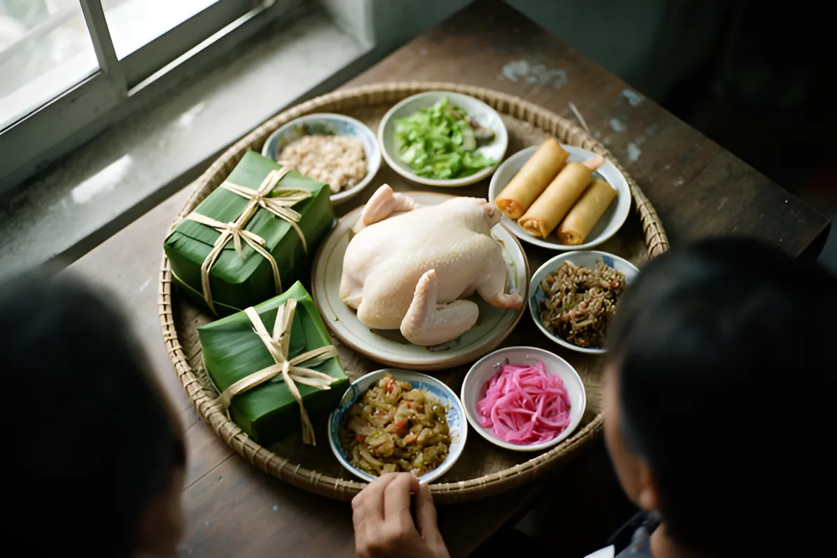 Hai người ngồi quay lưng bên mâm đồ ăn trên chiếc mẹt tròn có gà luộc, bánh gói lá và các đĩa nhỏ