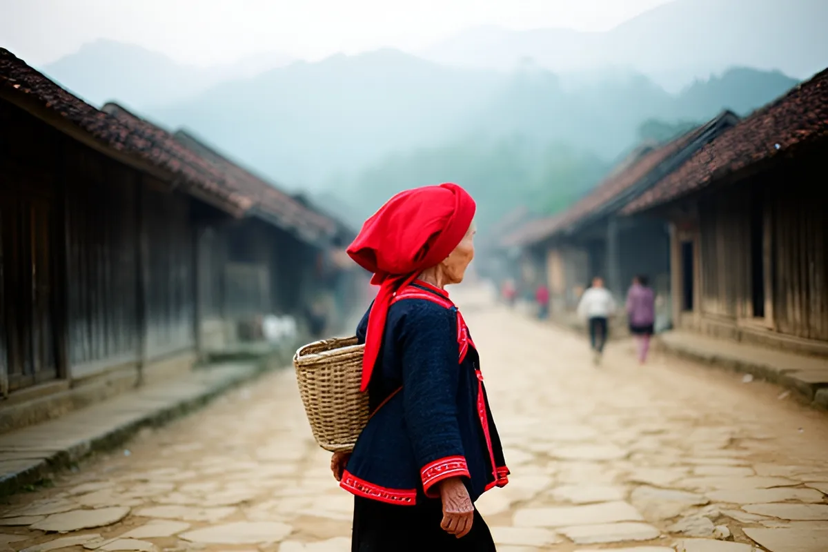 Một bà cụ đội khăn đỏ, áo xanh thẫm viền đỏ, đeo giỏ mây sau lưng đi bộ trên đường lát đá giữa hai dãy nhà gỗ