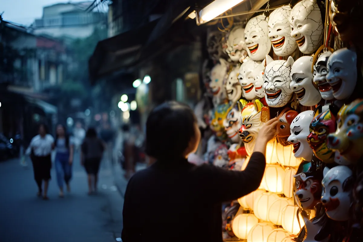 Người mặc áo đen quay lưng, giơ tay chạm vào hàng mặt nạ treo, dưới là đèn lồng giấy sáng ấm, phố chiều xanh phía sau