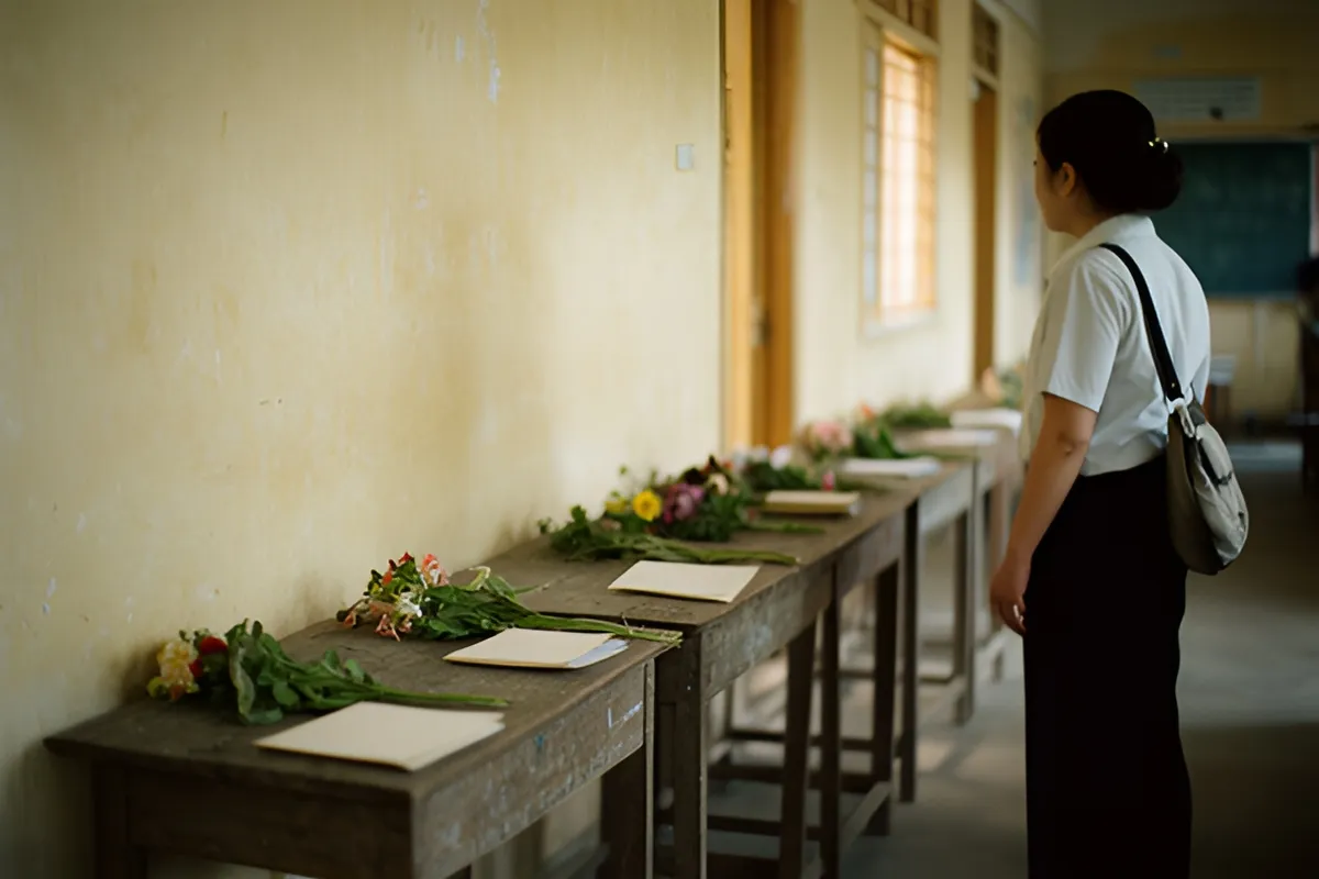 Một phụ nữ mặc áo trắng, đeo túi chéo, đứng nhìn dãy bàn gỗ dài dọc hành lang, trên bàn có hoa và những tờ giấy trắng