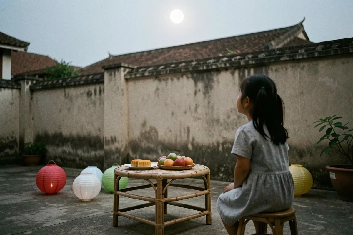 Một bé gái ngồi trên ghế đẩu trong sân nhà nhìn lên bầu trời, trên bàn tròn có đĩa bánh và khay trái cây