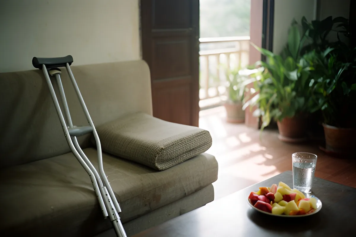 Góc phòng yên tĩnh với đôi nạng tựa ghế sofa, gối kê trên ghế, bàn có ly nước và đĩa trái cây cắt sẵn