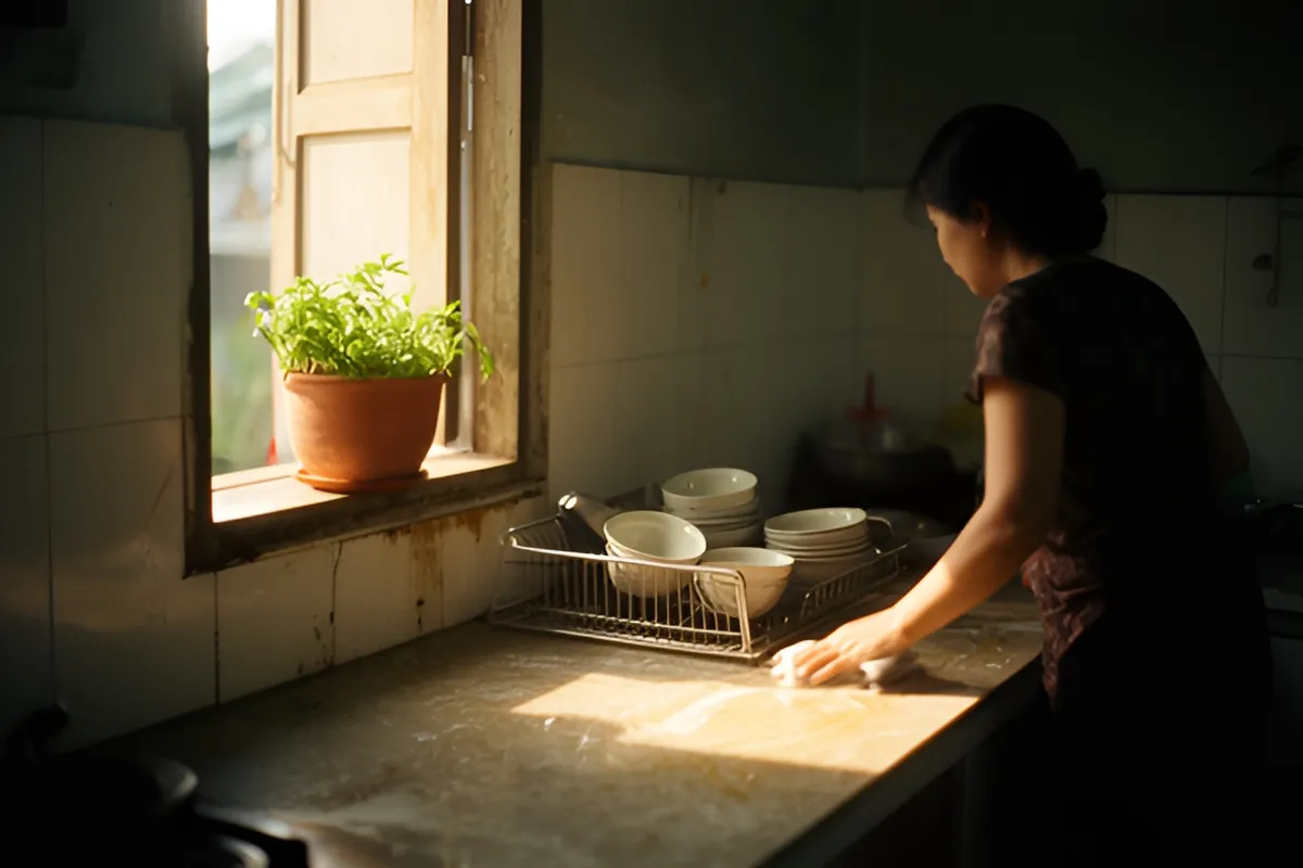 Một phụ nữ đứng lau quầy bếp cạnh giá để bát, nắng sáng chiếu qua cửa sổ có chậu cây nhỏ