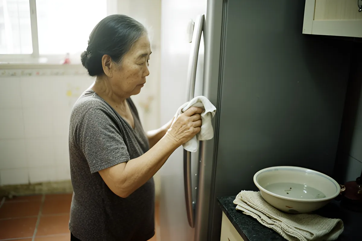 Một phụ nữ lớn tuổi đứng lau tay cầm cửa tủ lạnh bằng khăn trong bếp, bên cạnh có chậu nước và khăn gấp trên mặt bàn