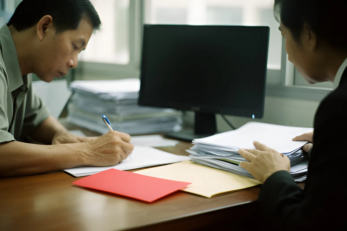 Hai người đàn ông ngồi đối diện nhau ở bàn làm việc, một người cầm bút ký giấy, người kia xem chồng hồ sơ