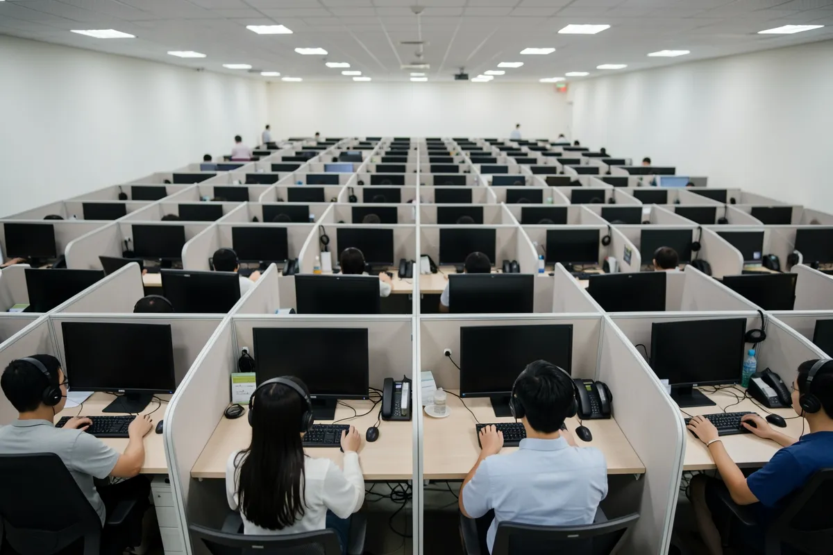 Bốn nhân viên đeo tai nghe ngồi quay lưng trước các bàn có màn hình đen trong phòng rộng nhiều hàng ghế, ánh sáng trần dịu
