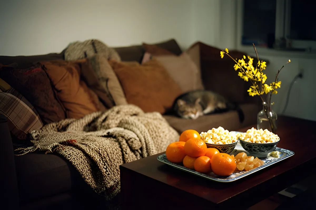 Phòng khách ấm ánh đèn vàng với ghế sofa, chăn len, khay quýt và bắp rang bơ, một chú mèo đang ngủ cuộn tròn trên ghế