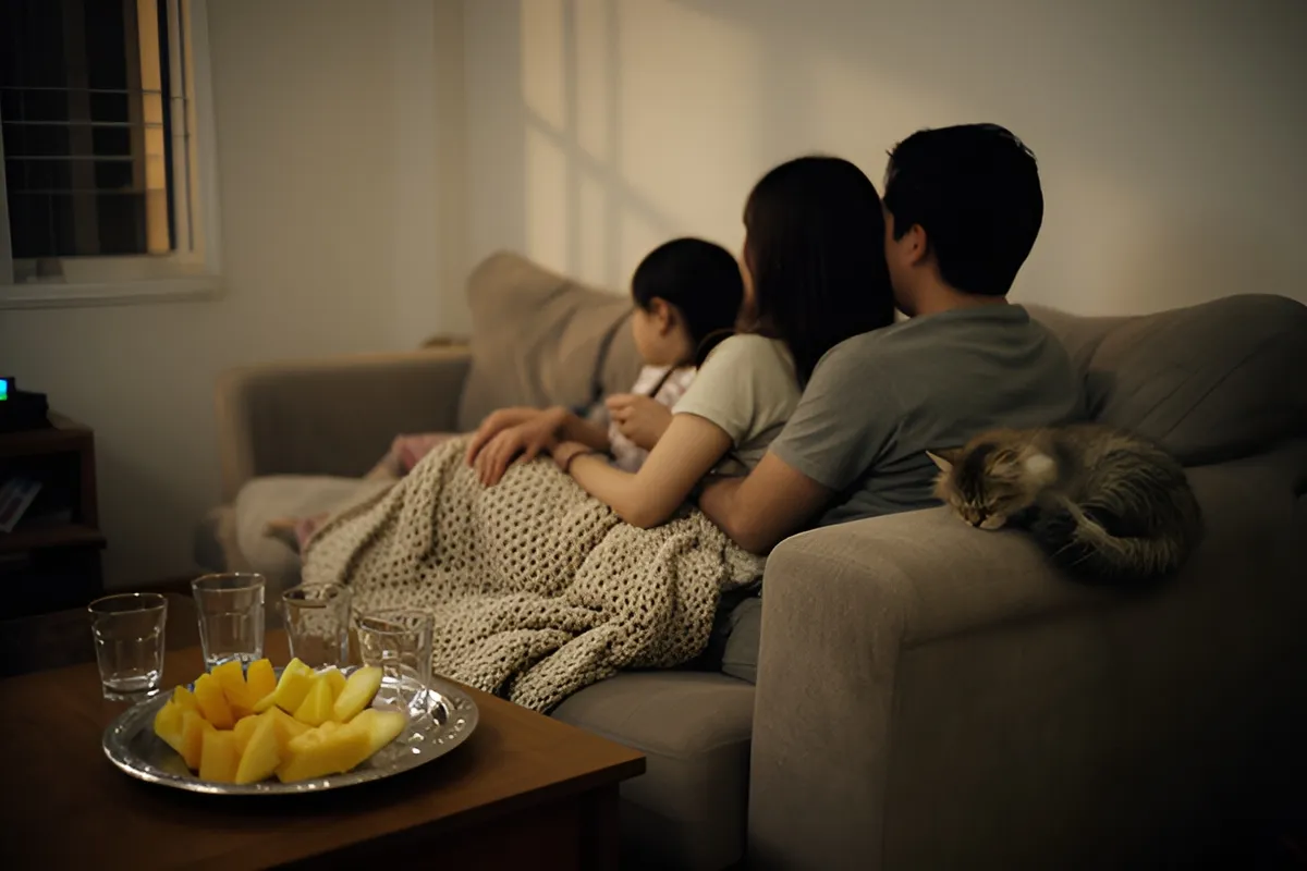 Ba người ngồi tựa lưng vào ghế sofa phủ chăn, bàn gỗ trước mặt có đĩa trái cây cắt và vài ly thủy tinh