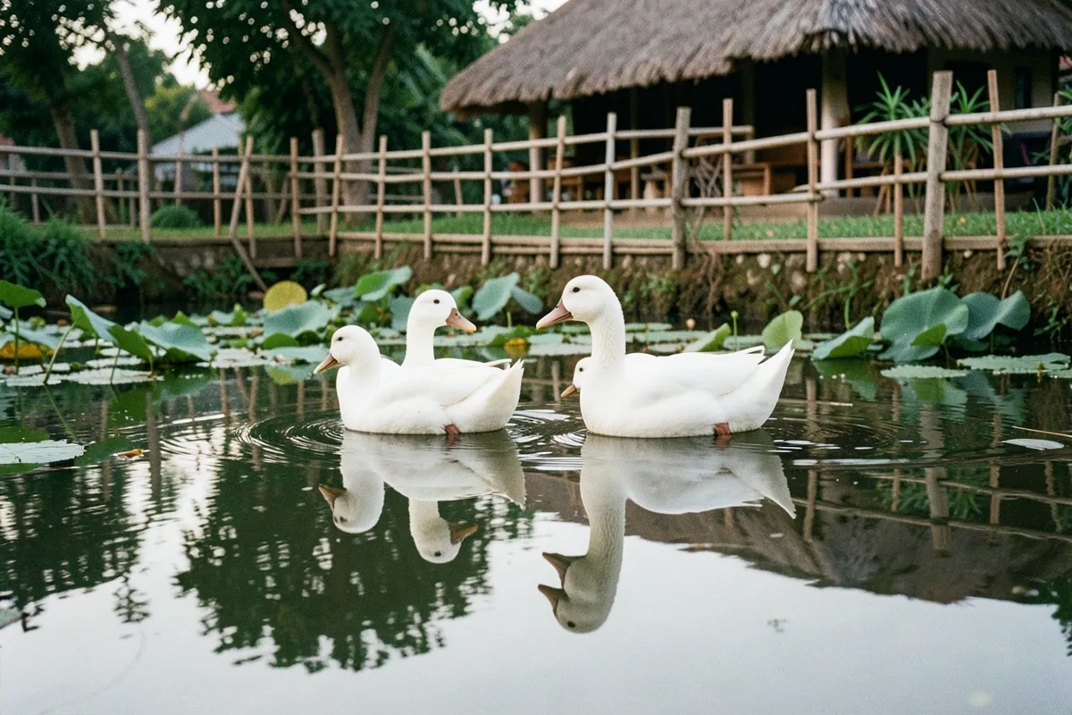 Bốn con vịt trắng bơi trên mặt ao phẳng lặng, phản chiếu rõ dưới nước, xung quanh là lá sen và hàng rào tre