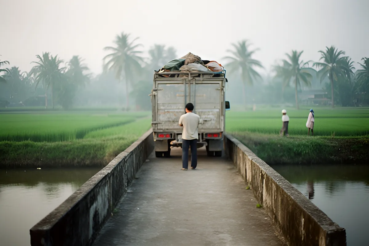 Một người đàn ông đứng trên cầu bê tông hẹp nhìn xuống nước, phía trước là xe tải chở hàng, hai người nhỏ ở bờ ruộng