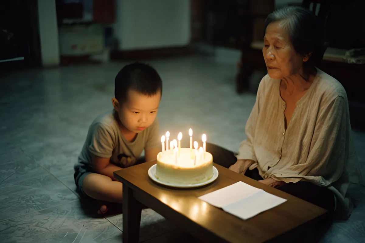 Một bé trai ngồi trên nền gạch trước chiếc bánh sinh nhật có nến cháy trên bàn thấp, bên cạnh là một bà lớn tuổi ngồi nhìn