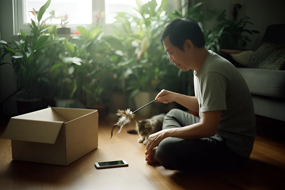 Một người đàn ông ngồi trên sàn gỗ bên cửa sổ, cầm đồ chơi lông vũ chơi với chú mèo nhỏ, cạnh hộp giấy mở và chiếc điện thoại