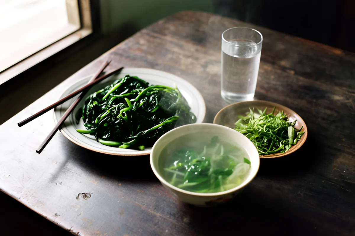 Bàn gỗ tối đặt đĩa rau luộc xanh, bát canh rau, đĩa nhỏ rau sống, cốc nước và đôi đũa, ánh sáng buổi sáng từ cửa sổ