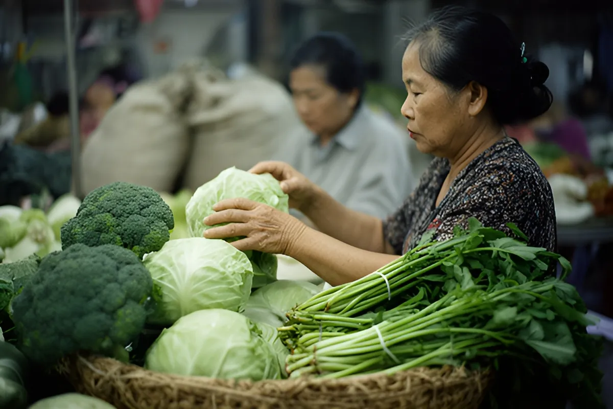 Một bà tiểu thương chợ đang xếp các bắp cải xanh vào giỏ, bên cạnh có súp lơ xanh và rau xanh buộc bó, ánh sáng ban ngày dịu