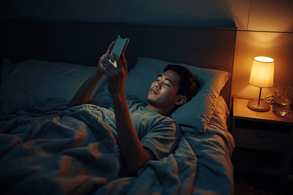 Một thanh niên nằm trên giường trong phòng tối, hai tay cầm điện thoại lên trước mặt, cạnh là bàn nhỏ có đèn và cốc nước