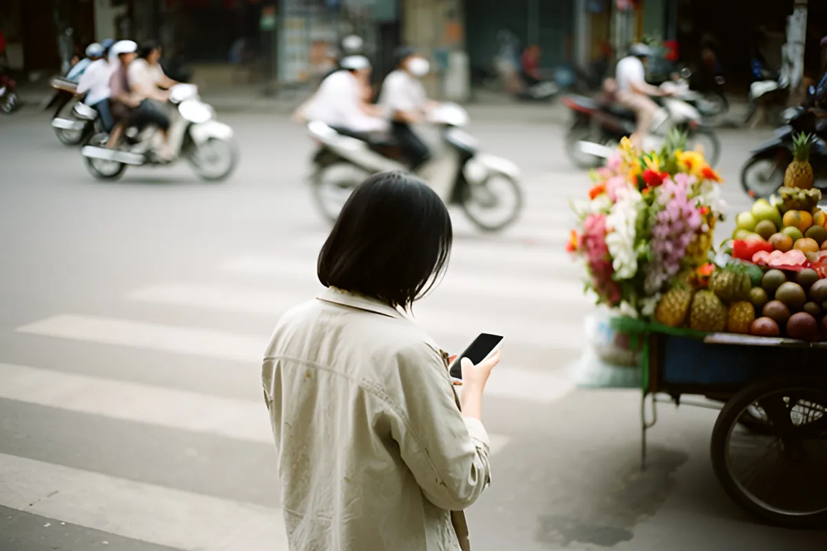 Một phụ nữ tóc đen mặc áo khoác sáng đứng quay lưng xem điện thoại ở vạch sang đường, xe máy qua lại