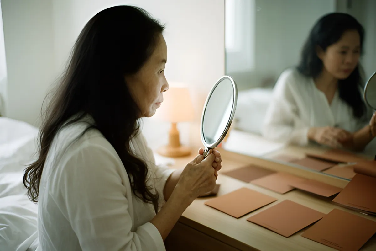 Một phụ nữ tóc dài ngồi bên bàn trang điểm trong phòng ngủ sáng đèn, cầm gương tay nhỏ nhìn mình