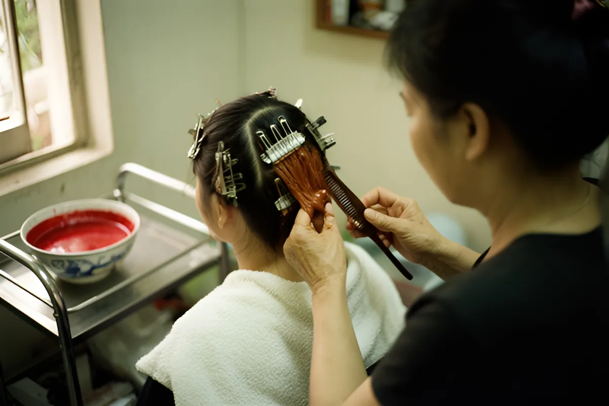 Một người thợ đứng sau đang chải thuốc nhuộm màu nâu đỏ lên tóc của một khách ngồi, tóc khách được kẹp thành từng phần