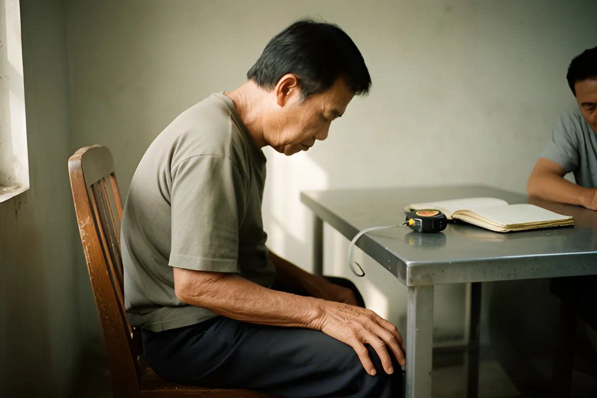 Một người đàn ông ngồi trên ghế gỗ bên bàn kim loại, tay đặt trên gối, trên bàn có sổ và thước dây