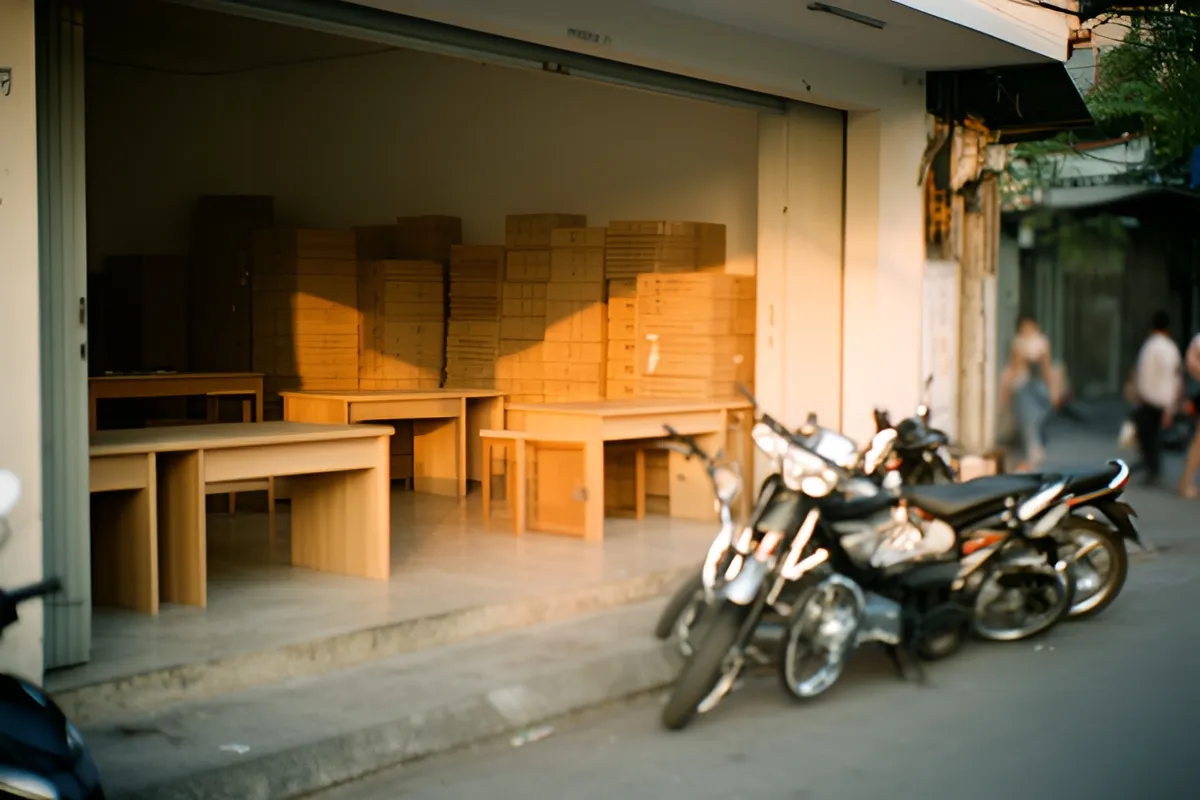 Nhiều chiếc xe máy đậu trước cửa một cửa hàng mở, bên trong kê những chiếc bàn gỗ và thùng các-tông xếp chồng