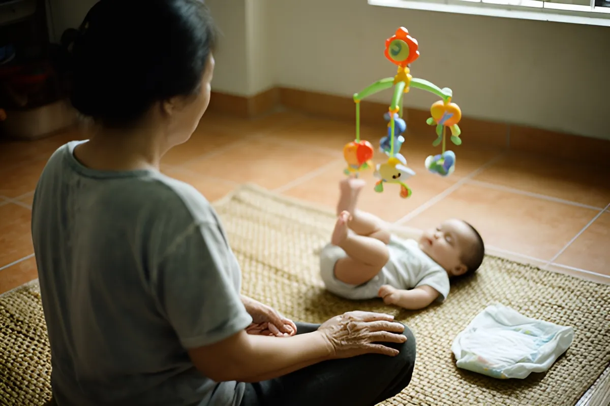 Một người phụ nữ ngồi trên chiếu nhìn em bé nằm đạp chân dưới món đồ chơi treo, cạnh tã vải gấp trong phòng sáng