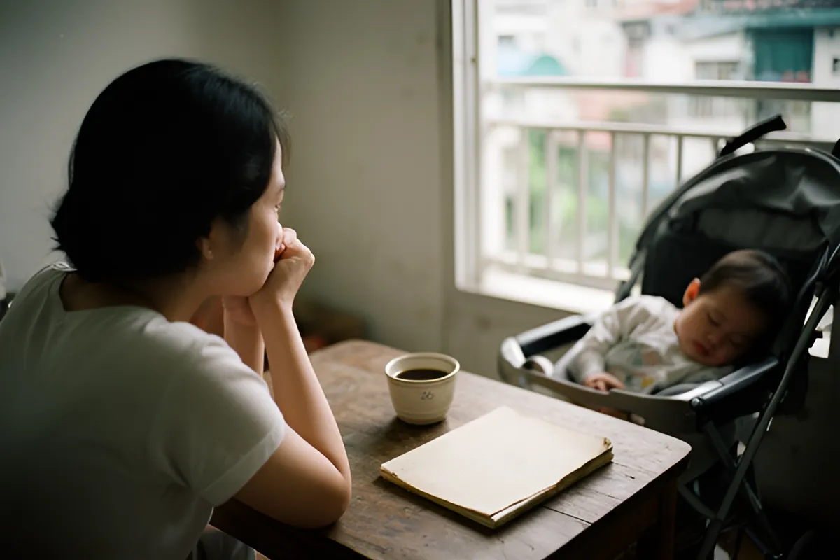 Một người phụ nữ ngồi tựa cằm vào tay bên chiếc bàn gỗ có cà phê và sổ tay, cạnh em bé đang ngủ trong xe đẩy