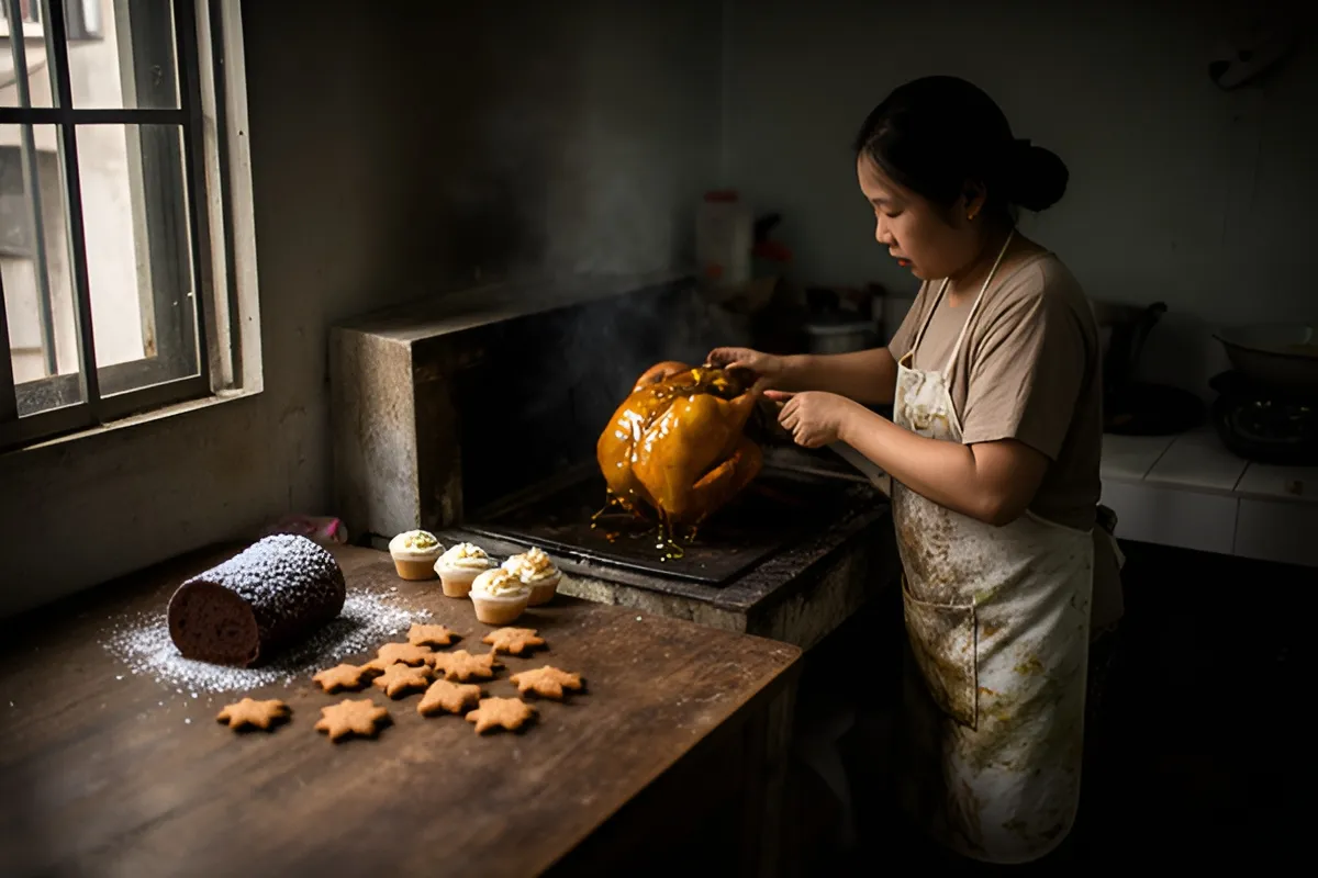 Một phụ nữ đeo tạp dề đang kiểm tra con gà quay vàng óng trên bếp, cạnh đó là bánh socola