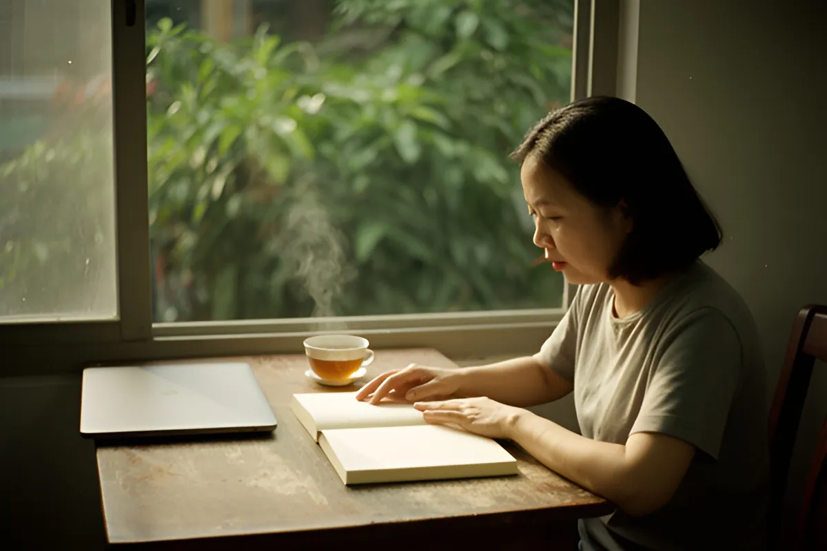 Một phụ nữ ngồi cạnh bàn gỗ trước cửa sổ nhiều cây xanh, tay đặt trên một quyển sổ mở
