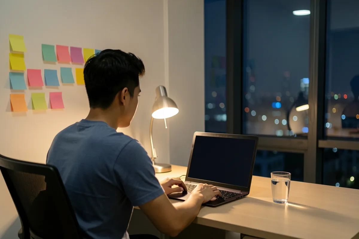 Một thanh niên ngồi làm việc trên máy tính xách tay tại bàn gỗ trong văn phòng buổi tối, có đèn bàn sáng