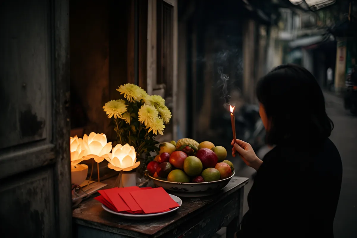 Một người phụ nữ quay lưng lại thắp nhang trước bàn cúng nhỏ đặt trên phố cổ, có hoa cúc, đĩa trái cây