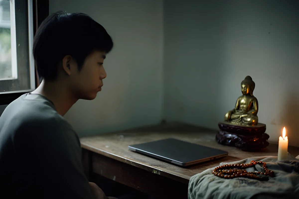 Một thanh niên ngồi nghiêng bên bàn gỗ tối, trên bàn có máy tính úp mặt, tượng Phật nhỏ bằng đồng